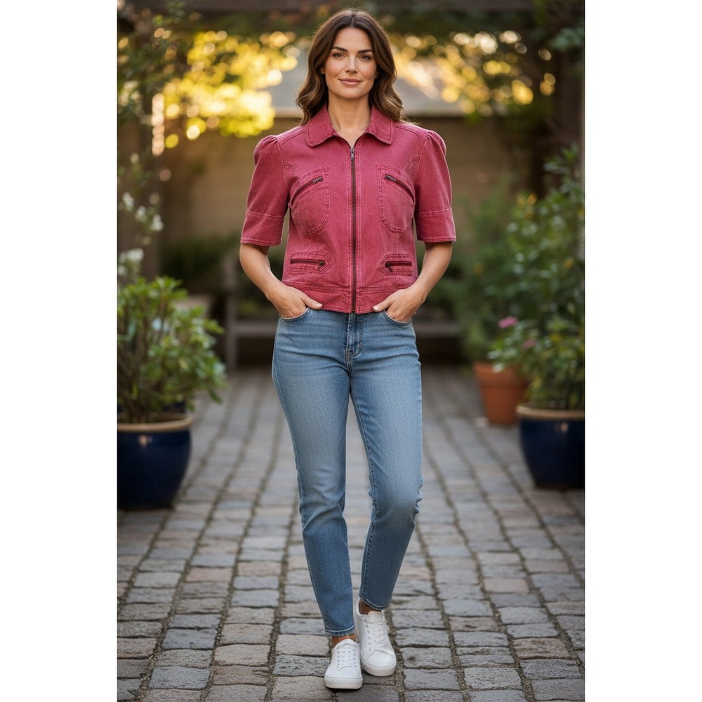Jones Wear Jeans Denim Jacket Red Short Sleeve Zip Up Utility Puff Sleeve Size M
